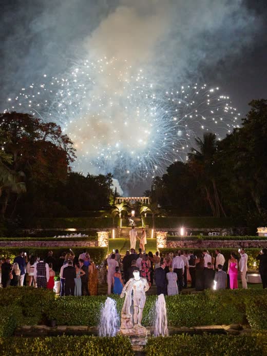 Fireworks over a garden party at night