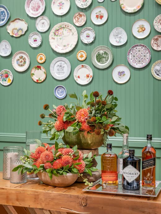 A green wall hung with patterned plates above a bar